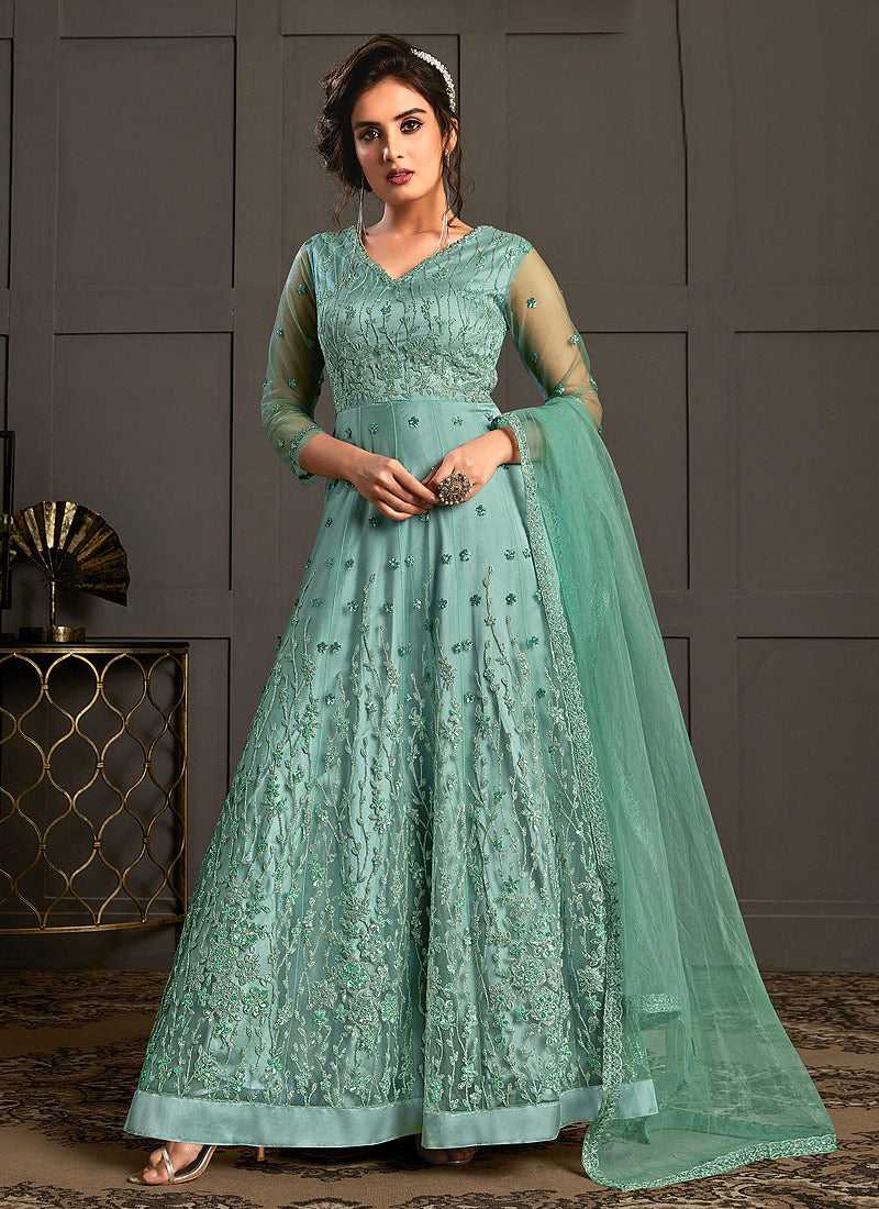 Sea Green Heavy Embroidered Gown Style Anarkali Suit fashionandstylish.myshopify.com