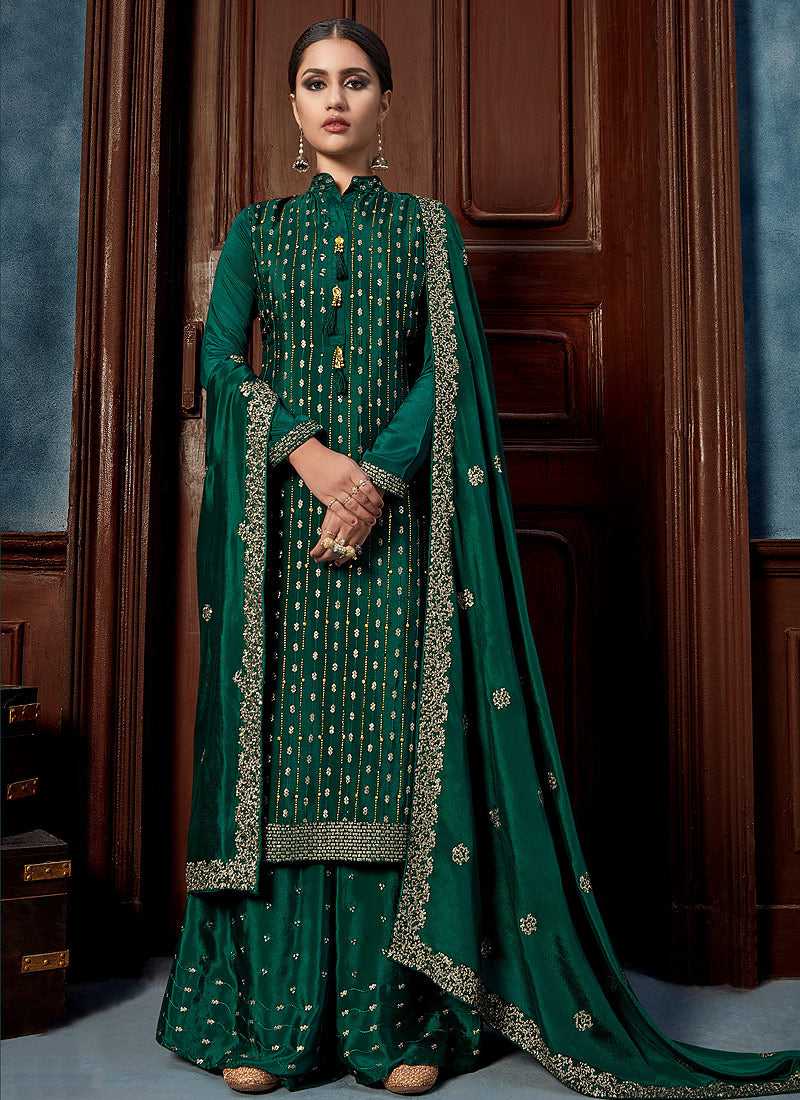 Sea Green Heavy Embroidered Sequins Work Designer Palazzo Suit fashionandstylish.myshopify.com