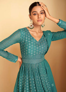 Sea Green Sequin Embroidered Sharara Suit