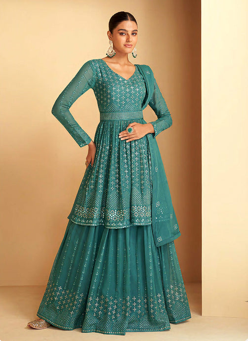 Sea Green Sequin Embroidered Sharara Suit