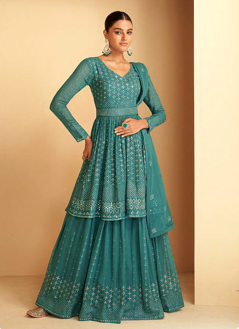 Sea Green Sequin Embroidered Sharara Suit