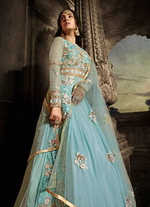 Sky Blue Floral Embroidered Heavy Anarkali Suit fashionandstylish.myshopify.com