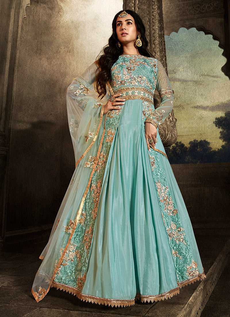 Sky Blue Floral Embroidered Heavy Anarkali Suit