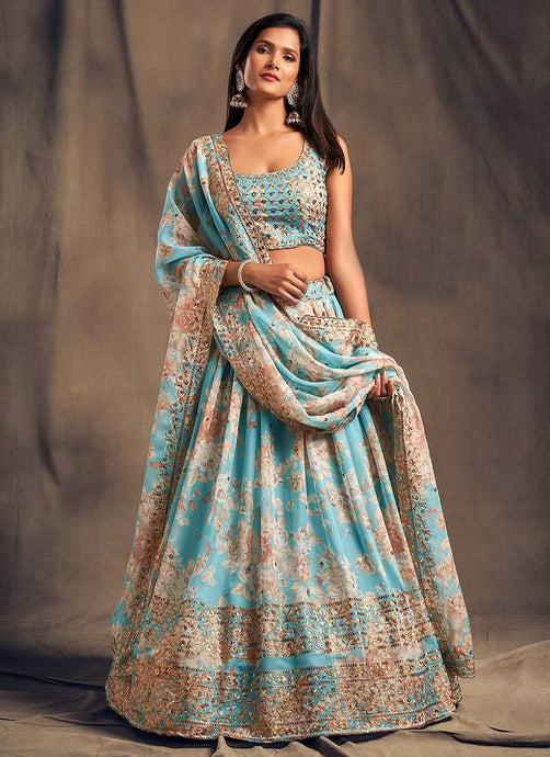 Sky Blue Floral Printed Stylish Embroidered Lehenga Choli fashionandstylish.myshopify.com