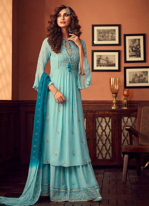 Sky Blue Heavy Embroidered Sharara Style Suit fashionandstylish.myshopify.com