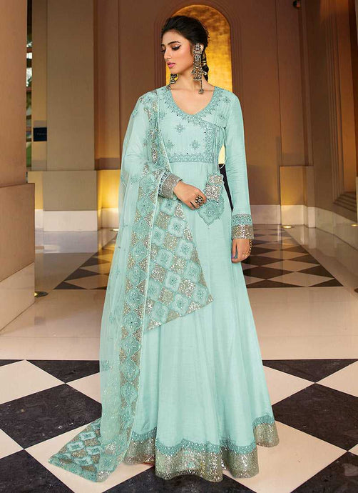 Sky Blue Heavy Neck Embroidered Gown Style Anarkali fashionandstylish.myshopify.com