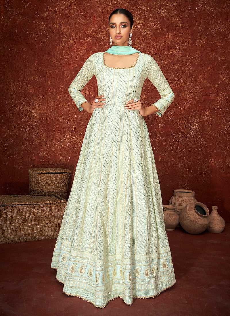 Sky Blue and Gold Gown Style Embroidered Anarkali Suit fashionandstylish.myshopify.com