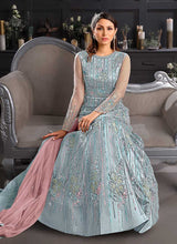 Load image into Gallery viewer, Sky Blue and Pink Heavy Embroidered Kalidar Gown Style Anarkali fashionandstylish.myshopify.com
