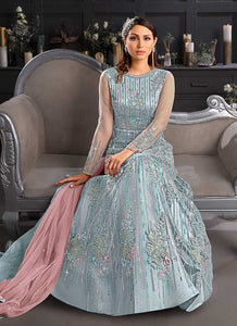 Sky Blue and Pink Heavy Embroidered Kalidar Gown Style Anarkali fashionandstylish.myshopify.com