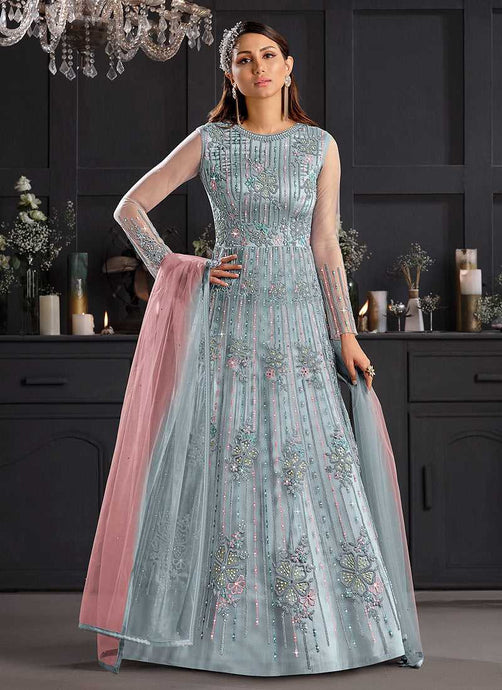 Sky Blue and Pink Heavy Embroidered Kalidar Gown Style Anarkali fashionandstylish.myshopify.com