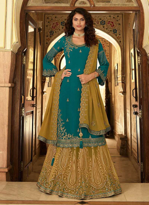 Teal And Beige Designer Heavy Embroidered Lehenga fashionandstylish.myshopify.com