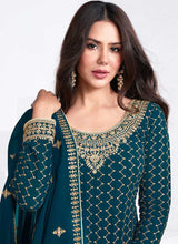 Load image into Gallery viewer, Teal And Gold Embroidered Stylish Pant Suit fashionandstylish.myshopify.com
