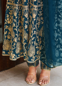 Teal Blue Floral Designer Embroidered Kalidar Anarkali
