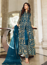 Load image into Gallery viewer, Teal Blue Floral Designer Embroidered Kalidar Anarkali
