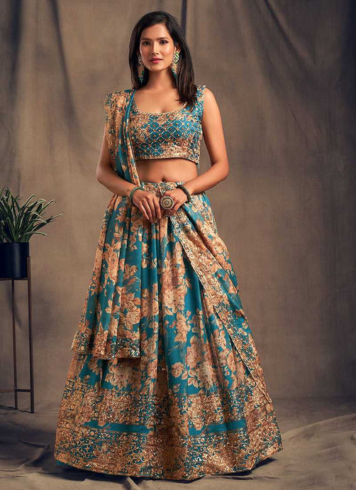 Teal Blue Floral Printed Stylish Embroidered Lehenga Choli fashionandstylish.myshopify.com