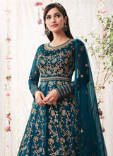 Load image into Gallery viewer, Teal Blue Heavy Embroidered Designer Kalidar Anarkali Suit fashionandstylish.myshopify.com
