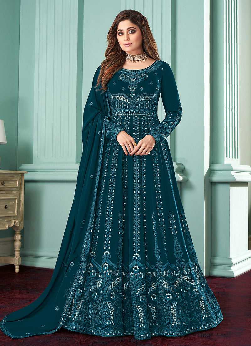 Teal Blue Heavy Embroidered Gown Style Anarkali fashionandstylish.myshopify.com