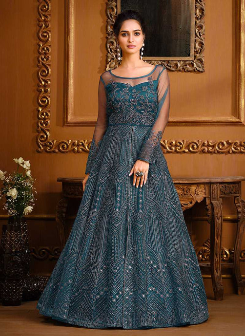 Teal Blue Heavy Embroidered High Slit Style Designer Suit fashionandstylish.myshopify.com