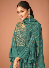 Load image into Gallery viewer, Teal Blue Heavy Embroidered Sharara Style Suit fashionandstylish.myshopify.com
