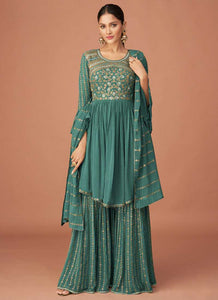 Teal Blue Heavy Embroidered Sharara Style Suit fashionandstylish.myshopify.com