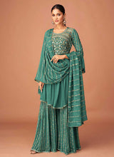 Load image into Gallery viewer, Teal Blue Heavy Embroidered Sharara Style Suit fashionandstylish.myshopify.com
