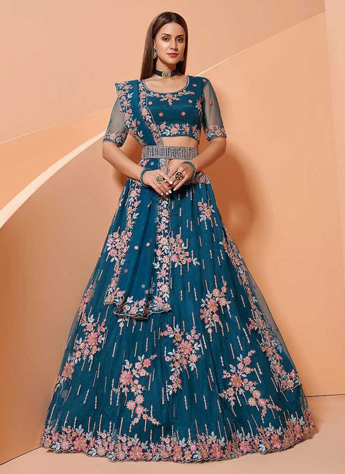 Teal Blue Heavy Floral Embroidered Stylish Lehenga Choli fashionandstylish.myshopify.com