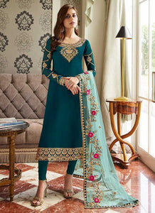 Teal Blue and Gold Embroidered Straight Pant Style Suit fashionandstylish.myshopify.com