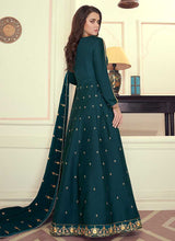 Load image into Gallery viewer, Teal Colored Kalidar Embroidered Silk Voluptuous Gown fashionandstylish.myshopify.com
