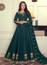 Load image into Gallery viewer, Teal Colored Kalidar Embroidered Silk Voluptuous Gown fashionandstylish.myshopify.com
