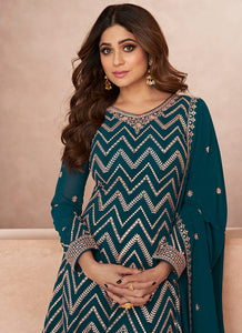 Teal Embroidered Sharara Style Suit