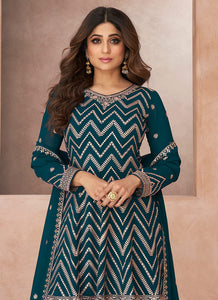 Teal Embroidered Sharara Style Suit