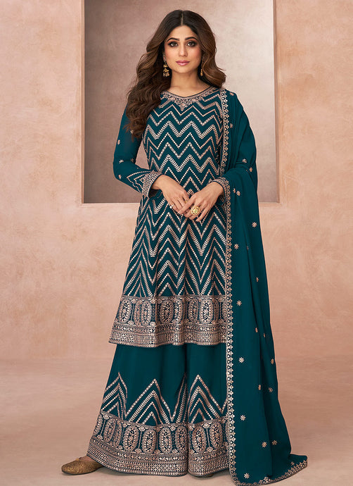 Teal Embroidered Sharara Style Suit