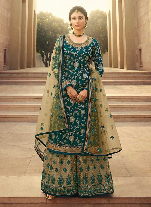 Teal Heavy Embroidered Designer Palazzo Style Suit fashionandstylish.myshopify.com