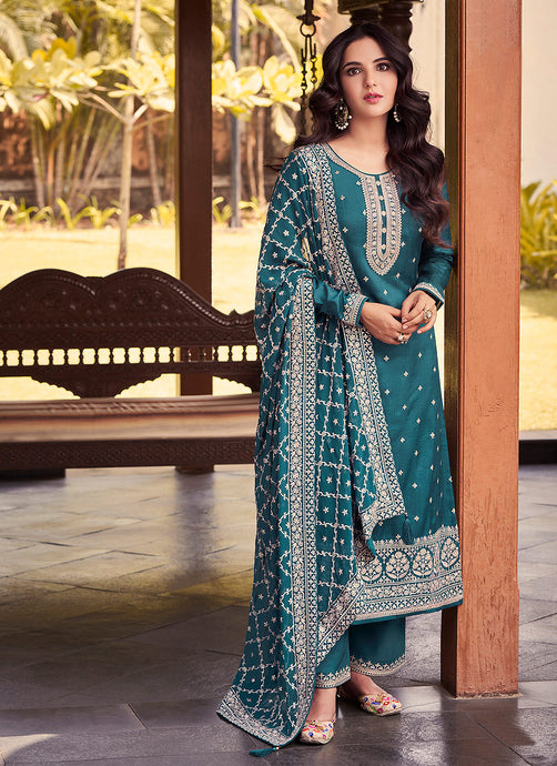 Teal Heavy Embroidered Designer Silk Pant Suit