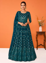 Load image into Gallery viewer, Teal Heavy Embroidered Floor touch Kalidar Anarkali
