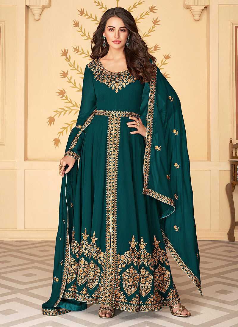 Teal Heavy Embroidered High Slit Style Anarkali  Fashneo