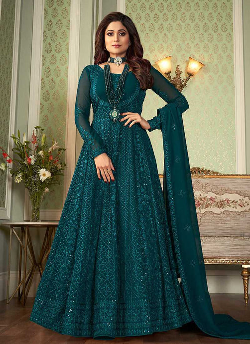 Teal Heavy Embroidered Kalidar Anarkali Suit fashionandstylish.myshopify.com