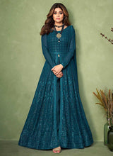 Load image into Gallery viewer, Teal Heavy Embroidered Kalidar Anarkali Suit fashionandstylish.myshopify.com
