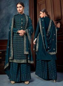 Teal Heavy Embroidered Sequins Work Designer Palazzo Suit fashionandstylish.myshopify.com