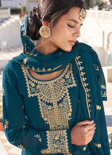Load image into Gallery viewer, Teal Heavy Embroidered Sharara Style Suit fashionandstylish.myshopify.com
