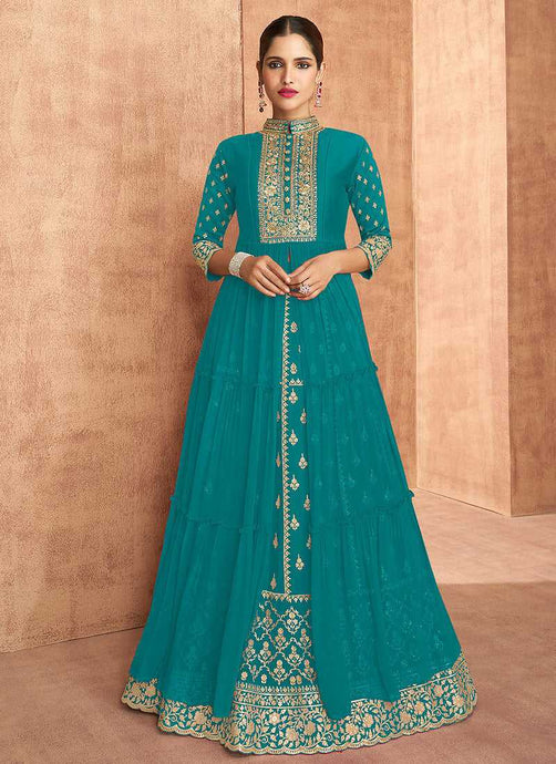 Teal Heavy Embroidered Slit Style Lehenga Anarkali fashionandstylish.myshopify.com