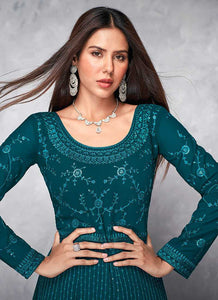 Teal Sequin Embroidered Floor touch Anarkali fashionandstylish.myshopify.com