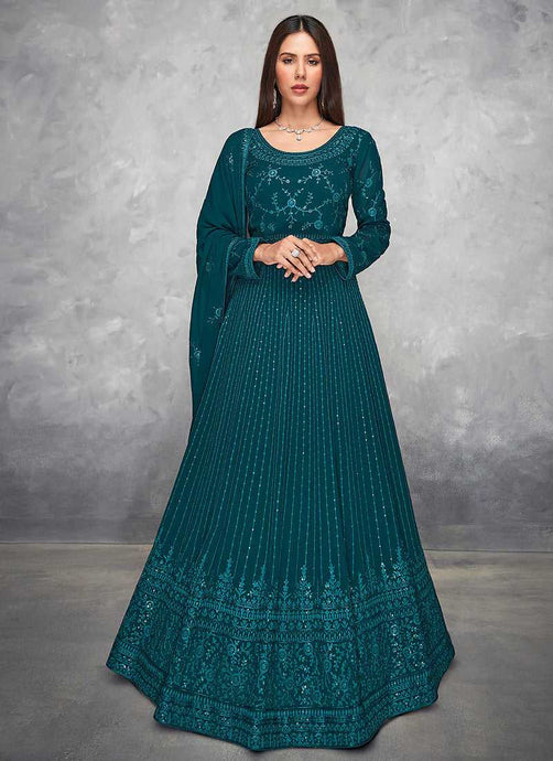 Teal Sequin Embroidered Floor touch Anarkali fashionandstylish.myshopify.com