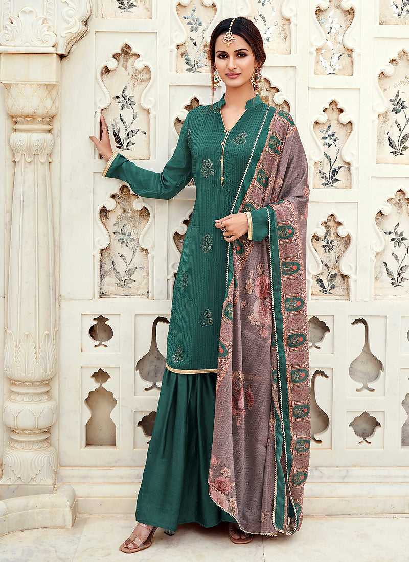 Teal Silk Work Embroidered Gharara Style Suit fashionandstylish.myshopify.com