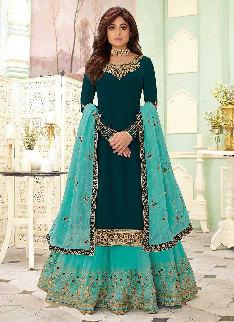 Teal and Aqua Embroidered Lehenga Style Anarkali Suit – Fashneo