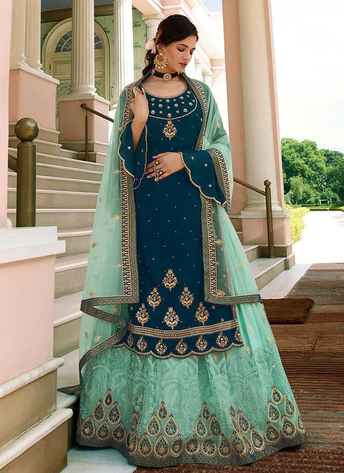 Teal and Aqua Heavy Embroidered Lehenga/ Pant Style Suit fashionandstylish.myshopify.com