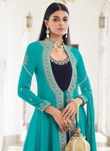 Load image into Gallery viewer, Teal and Blue Heavy Embroidered Jacket Style Suit fashionandstylish.myshopify.com
