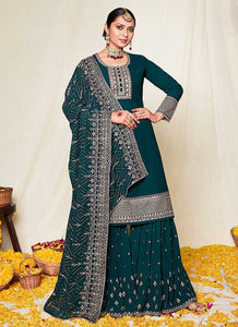 Teal and Gold Embroidered Gharara Suit fashionandstylish.myshopify.com