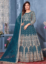 Load image into Gallery viewer, Teal and Gold Embroidered Kalidar Anarkali Suit fashionandstylish.myshopify.com
