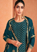 Load image into Gallery viewer, Teal and Gold Embroidered Sharara Style Suit fashionandstylish.myshopify.com
